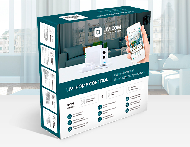 Стартовый комплект охранных устройств Livi Home Control, оснащенный домашней видеокамерой и датчиком открытия. 
