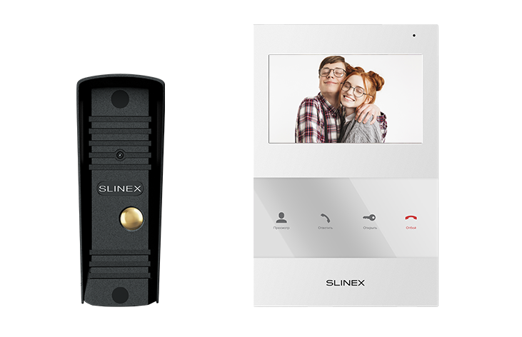 Комплект устройств для создания системы СКУД в квартире, дома, офисе: компактный видеодомофон и вызывная панель в антивандальном корпусе.